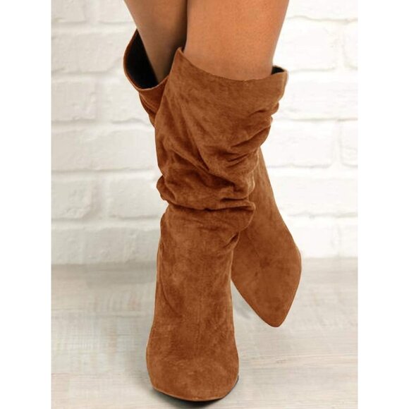 Women's Brown Suede Mid Calf High Slouchy Chunky Heel Block Pointed Toe Boots - Picture 4 of 8